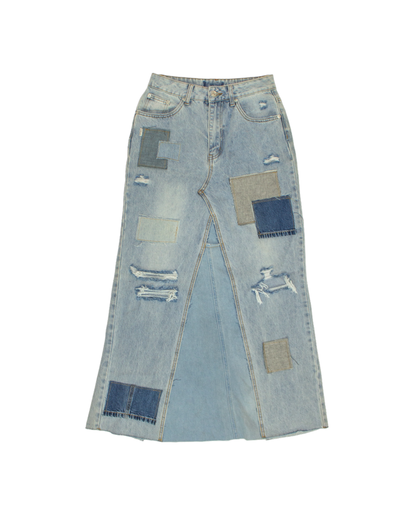 FW23 Patched Denim Maxi Skirt